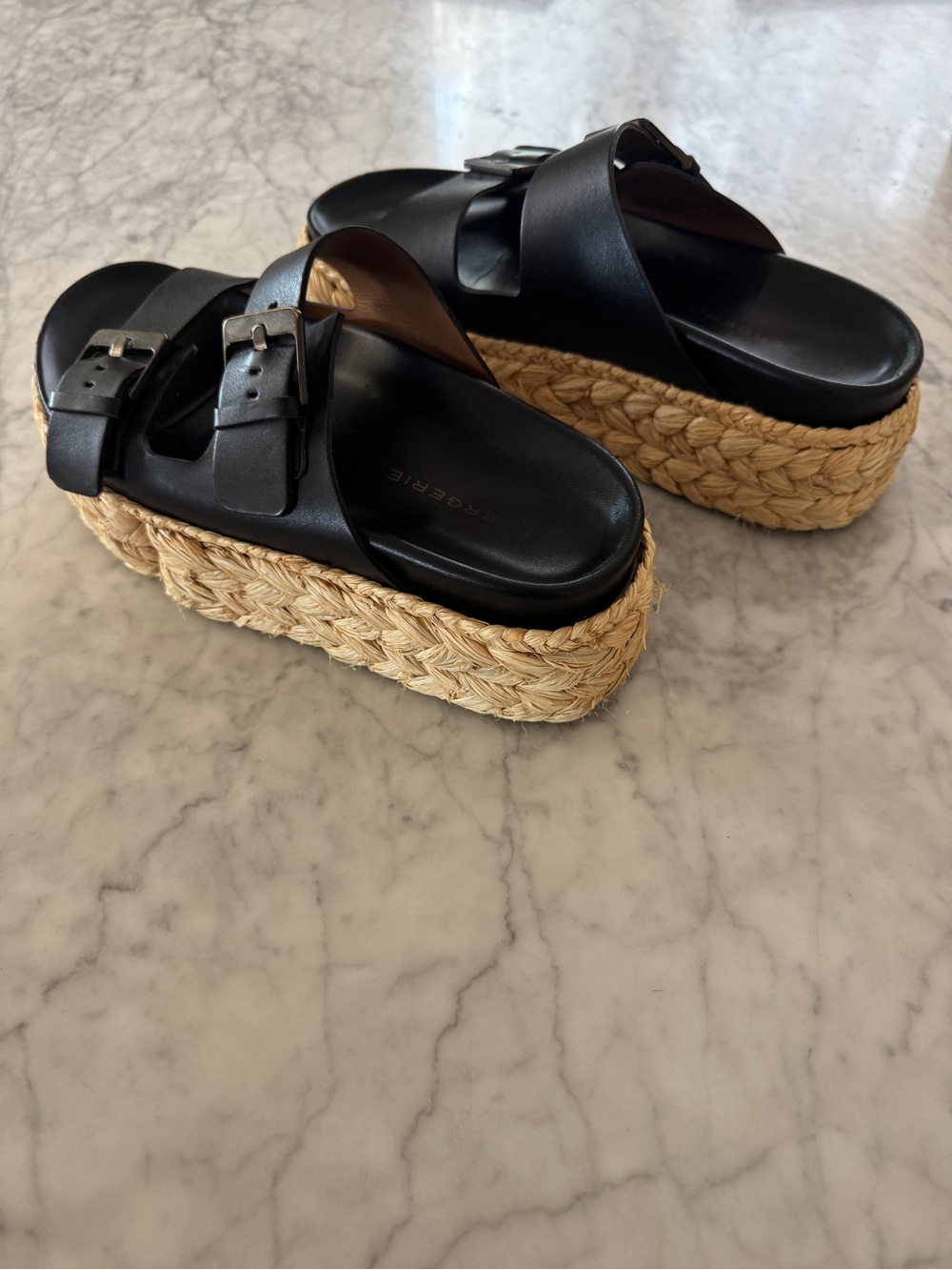 Clergerie Black Leather Raffia Platform Espadrille Slide Sandals EU 39